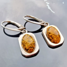 Vintage 925 Sterling Silver Oval 12x8MM. Baltic Cognac Amber Earrings - £32.87 GBP