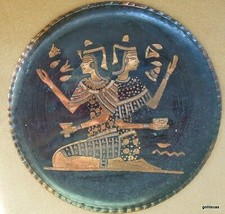 Vintage Copper and Black Incised Plate Egypt Two Women with Lotus 8&quot; - £23.02 GBP