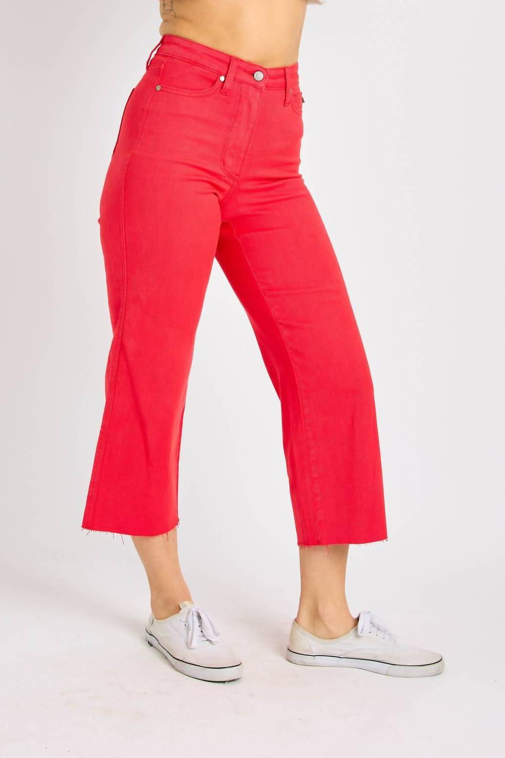Judy Blue High Waist Garment Dyed Tummy Control Wide Leg Cropped Jeans Red - $40.00