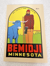 Vintage Souvenir Travel Decal Bemidji Minnesota Paul Bunyan Axe and Babe Ox - $8.42