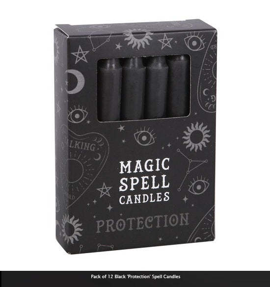 Pack of 12 small Black 'Protection' Spell Candles-H10cm x W1cm x D1cm
