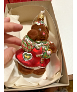 Dillards Blown Glass Brown Bear Christmas Ornament Velvet Red Overalls P... - €10,52 EUR
