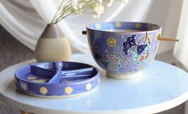 Purple Floral Sky Ramen Bowl With Tempura Divider Condiment Lid Chopstic... - €25,06 EUR