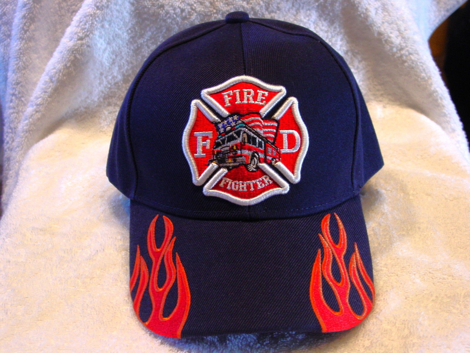 Primary image for FIRE FIGHTER FIRE TRUCK FLAMES AMERICAN FLAG BASEBALL CAP ( DARK BLUE )
