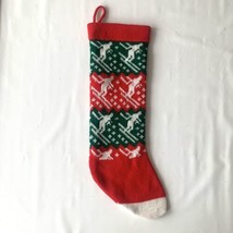 Knit Christmas Stocking Vintage Downhill Skiing Skier Snowflakes Red Green 17.5&quot; - £14.19 GBP