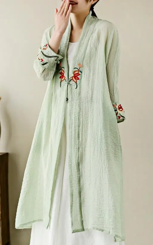  screen Long Coat  Summer Button Embroidered Cotton Cardigan Loose  Outerwear in - £127.92 GBP