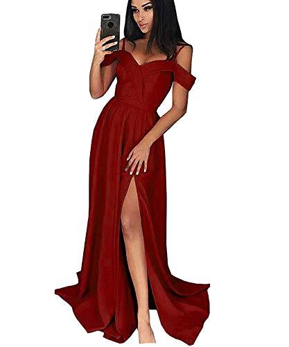 Kivary Women Spaghetti Strap Off The Shoulder Front Slit Long Prom Dress Burgund