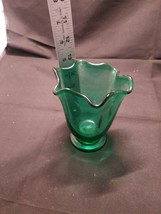 Vintage Emerald Green Small Vase, Ruffle Top Design Depression Glass Elegant - £9.84 GBP