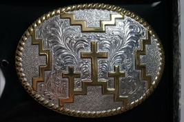 Crumrine Western Belt Buckle Gold and  Silver Cross c10361 - £43.96 GBP