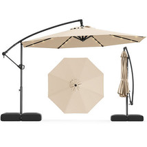 10 Feet Solar Offset Hanging Umbrella with Base and 32 LED Lights-Beige - Color: - $253.88 CAD
