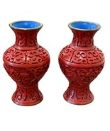 Vintage Chinese Pair Red Carved Cinnabar Vases Intricate Floral Design &amp;... - $96.00