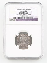 1758/7 Great Britain Sixpence Silver Coin XF Details NGC 6 Pence KM-582.2 - $310.13 CAD