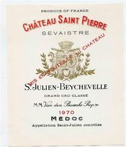 Chateau Saint Pierre Wine Label 1970 S Julien Beychevelle Grand Cru Classe - $11.88