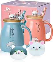 2 Pack Cat Mugs Cute Ceramic Coffee Cups Set of 2 with Kawaii Bamboo Lid and Spo - £21.12 GBP