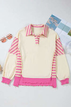 Pink Stripe Colorblock Patchwork Collared French Terry Knit Top - $38.72