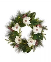 Glitzhome Iced Magnolia Berry Pine Wreath with Lights C210242 - £99.12 GBP