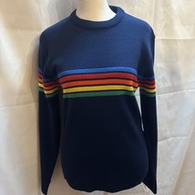 VTG OSSI Men’s S Wool Blend Ski Winter Sweater Blue Rainbow Stripes Desc... - £22.50 GBP