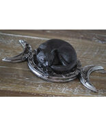 Wicca Witchcraft Triple Moon Insignia With Sleeping Black Cat And Rose F... - €35,16 EUR