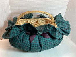 Utensil Condiment Napkin Holder Wicker Gingham Fabric Basket with Handle Country - £10.12 GBP