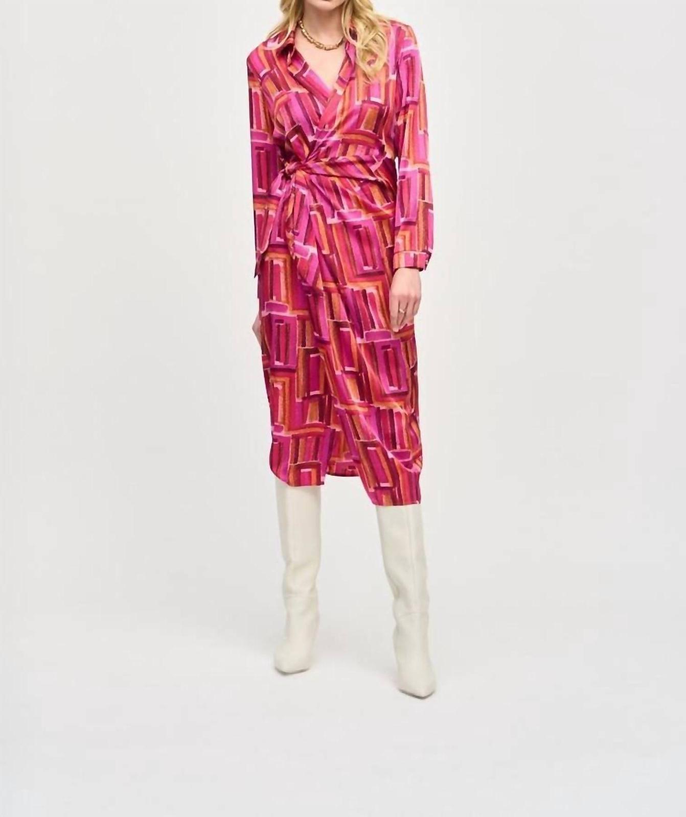 Joseph Ribkoff Satin Geometric Print Wrap Dress Pink/multi - $103.00
