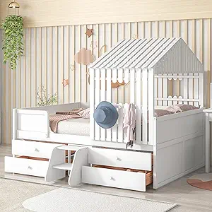 Full Size House Low Loft Bed Platformbed With Four Drawers,Roof Design F... - $644.99