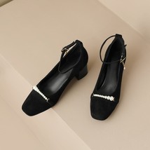 Cow Patent Leather Pumps Women Ankle Strap Buckle Chain Pearl Decor Shoes Ladies - £92.63 GBP