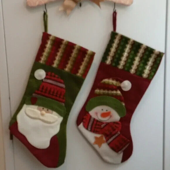 Primary image for Handmade 19" Pair Of Felt Christmas Stockings Santa And Snowman