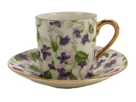 Vintage Porcelain Demitasse Cup &amp; Saucer Set, Violets and Leaves, INARCO... - $14.65