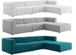 Upholstered Channel-Tufted Fabric 4-Piece Modern Sectional Sofa Gray Ivory Teal - £1,801.34 GBP+