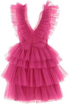 A Line Pink V Neck Tiered Homecoming Dress,Tulle Short Prom Party Dresses - £110.65 GBP