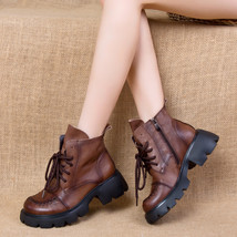 Shoes Women Boots Genuine Leather New Autumn Winter Lace-Up Round Toe Leisure Co - £103.53 GBP