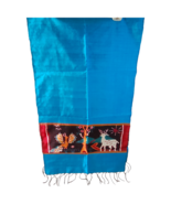 Stunning Southeast Asian Ikat Silk Scarf Shawl Handwoven Blue Fringe 60&quot; - $27.30 CAD