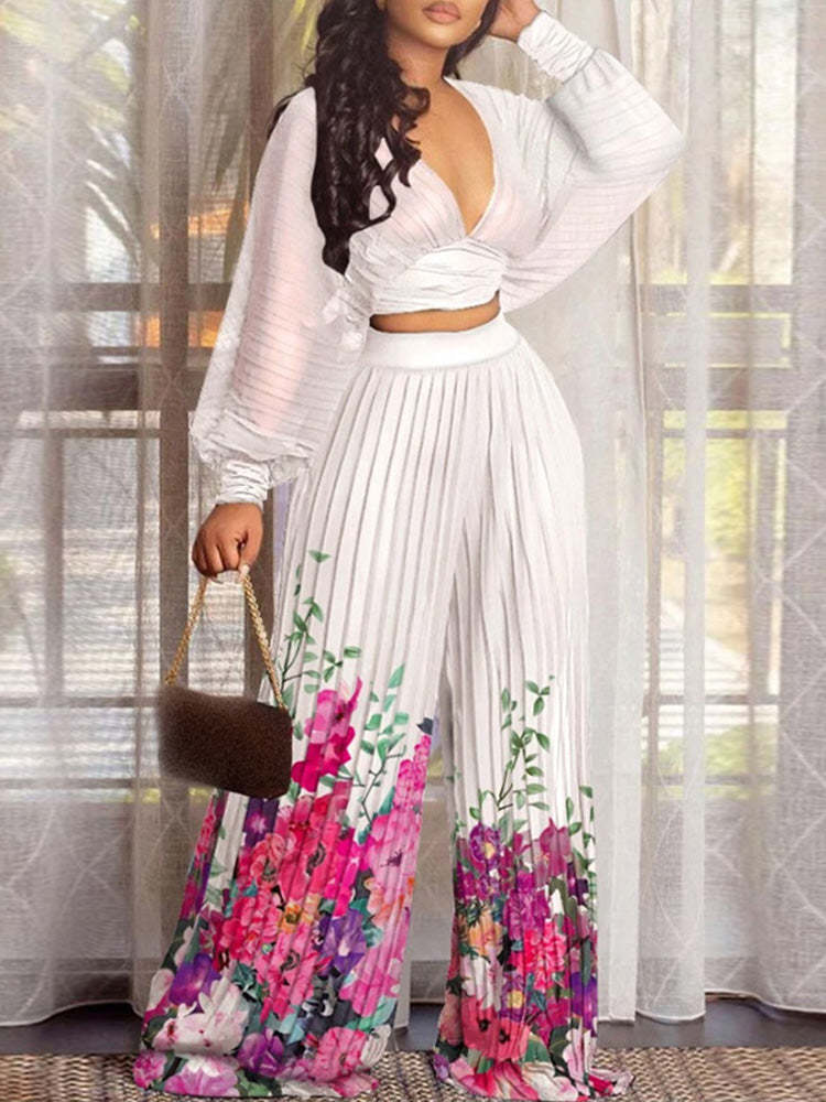 Primary image for Deep V Neck Batwing Sleeve Pleated Crop Tops & High Waist Floral Wide Leg Pants 