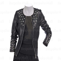 New Women Black Silver Studded On Shoulder Brando Style Biker Leather Jacket-135 - £183.42 GBP