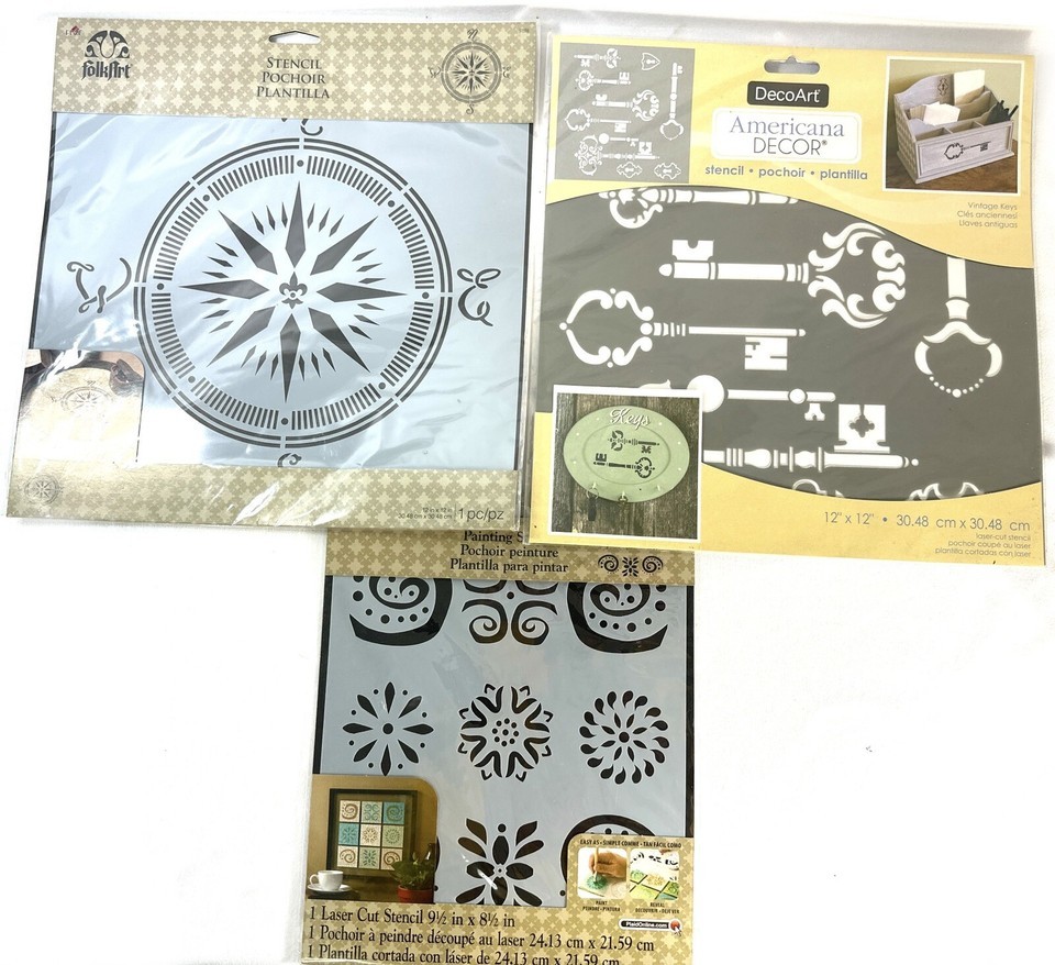 Lot Of 3 Stencil Sheets- Keys, Compass, Flower Designs - $6.73