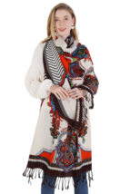 Anyyou Scarf 100% Merino Wool White Red Patterns Silk Satin Large Pashmina - $86.50