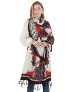 Anyyou Scarf 100% Merino Wool White Red Patterns Silk Satin Large Pashmina - €73,76 EUR