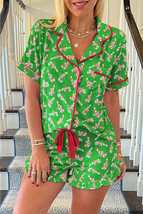 Green Christmas Candy Cane Print Ruffle Hem Pajama Set - $42.37