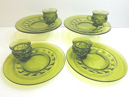 8 Indiana Glass Kings Crown Thumbprint MCM Green (4) 10.5&quot; Plates (4) 2.... - $39.27