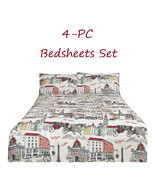  Paris Bed Sheets Set   4-pc Multicolor Parisian Scenes Full Queen King - $527.31 MXN+