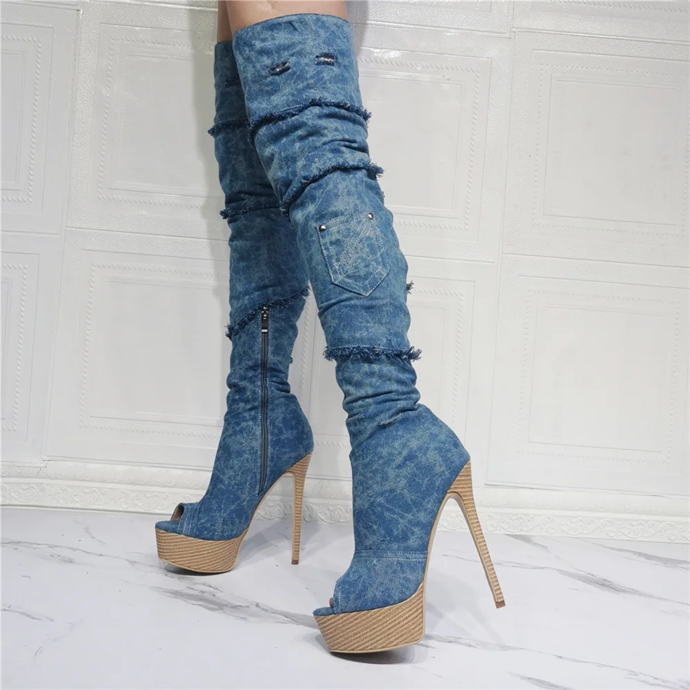 Fashion Denim Blue Platform boy Boots Women Peep Toe Over knee Boots Anunmn  Run - $278.80