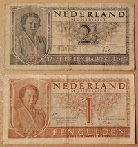 NETHERLANDS LOT OF TWO BANKNOTES 1 &amp; 2.5 GULDEN 1949 CIRCULATED NO RESERVE - £14.46 GBP