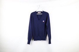 Vtg 80s Mens Small Spell Out NFL Shield Football Knit V-Neck Sweater Blue USA - £47.44 GBP