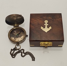 Antique Nautical Brass Engraved Pocket Compass with Free Anchor Wooden Box - £21.33 GBP