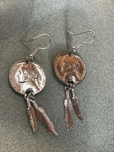 Handmade Nickel Coins w Two Silvertone Feather Dangle Earrings for Pierced Ears  - £11.66 GBP