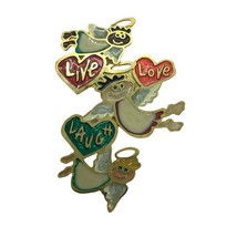Vintage TWO HANDS Brooch Pin Angels Live love Laugh Colorful kitsch inspiration - £11.60 GBP