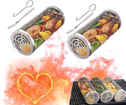 2 Pcs BBQ Rolling Grilling Basket for outdoor grill (M-7.87x3.54x3.54&quot;) - £17.48 GBP