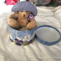 Vintage AVON Plush Teddy Bear w/ Purple Hat in a 4.5&quot; Floral Round Box - $27.00