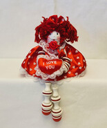 Shelf sitter doll button arms legs I Love You hearts red yarn hair Valen... - $13.70 CAD