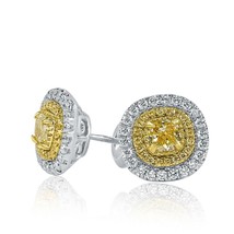1.10 Ct Cushion Natural Yellow Diamond Stud Double Halo Earrings 14k White Gold - £2,131.11 GBP